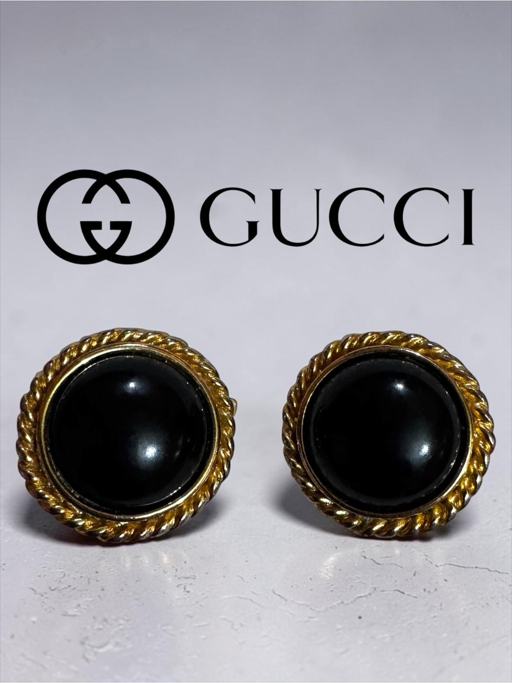PAOLO GUCCI Signed 1” Gold Plated Twisted Rope Trim Cabochon Clip On Earrings